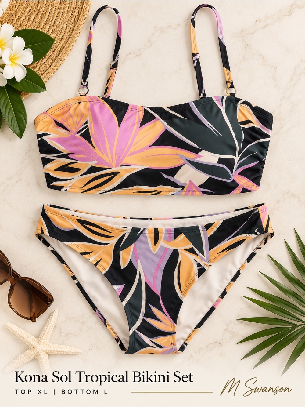 Kona Sol Tropical Leaf Bandeau Bikini Set – Top XL / Bottom L